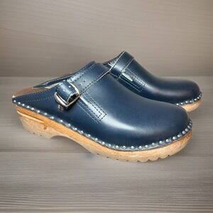 TROENTORPS Navy Blue Leather Wood Clogs Slip on Shoes 38 (US 7.5) Sweden Women's